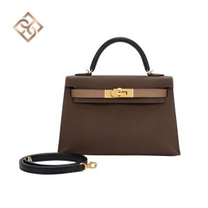 Hermès Mini Kelly II 20 Ecorce, Etoupe and Black Tri-Color Epsom Gold Hardware